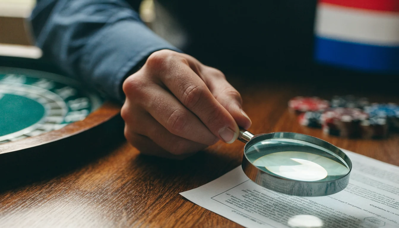Nederlandse hand bekijkt vergunningdocument met vergrootglas op bureau met roulettewiel.
