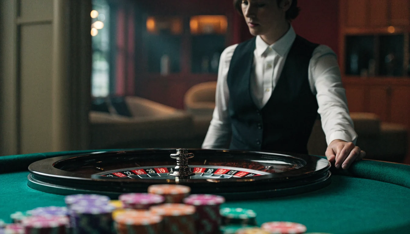 Een live dealer achter een roulettewiel in een warm verlichte studio