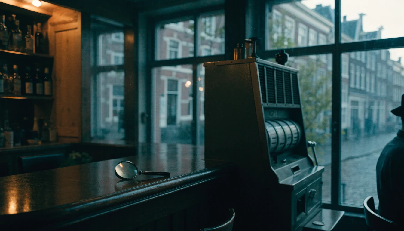 Vintage gokkast in een Nederlands café met vergrootglas op de bar