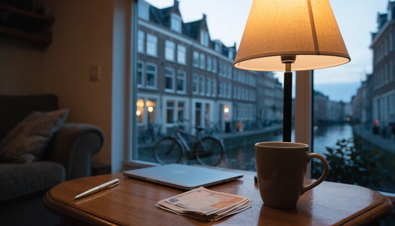 Sfeervolle Nederlandse huiskamer met gesloten laptop en eurobiljetten bij schemering