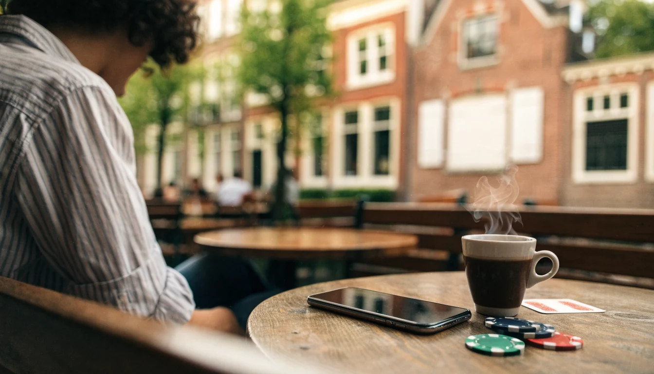 Telefoon op tafel met casinochips in een Nederlands café