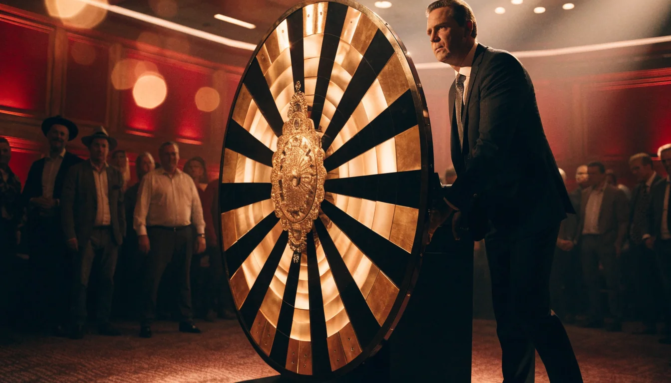 Live casino studio met groot geldwiel en presentator in gouden sfeer