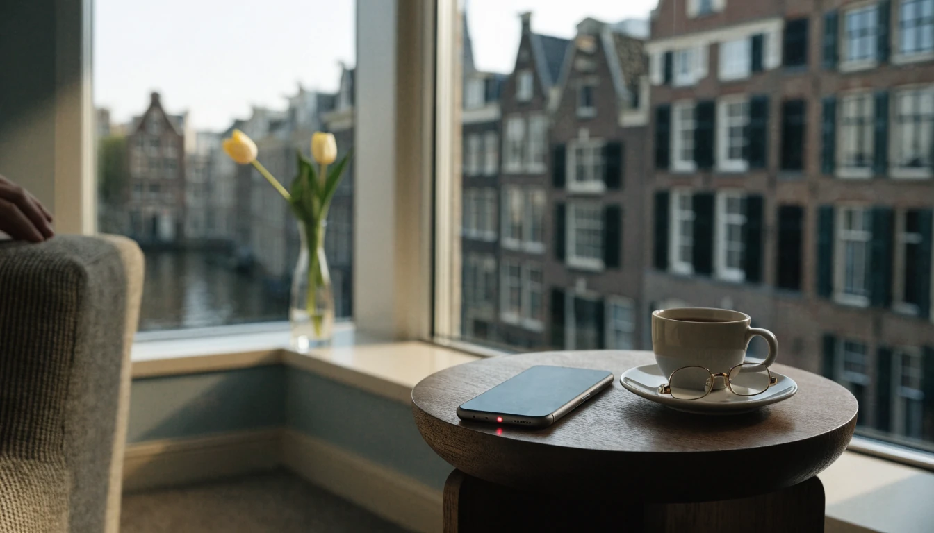 Nederlandse woonkamer met telefoon ondersteboven op tafel, naast koffie en bril
