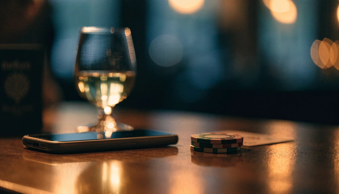 Smartphone met casinofiches op een houten bar, scherm onzichtbaar