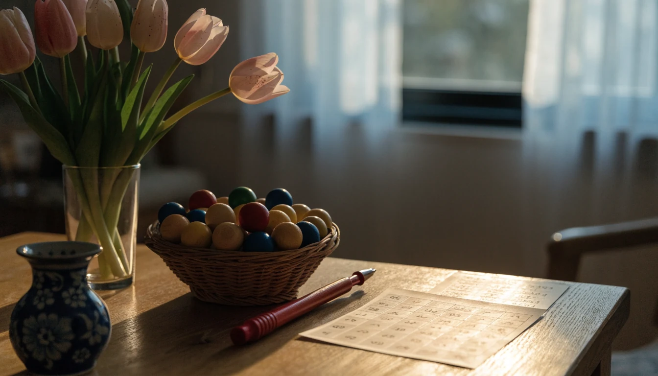 Bingokaart, genummerde ballen en stempel op een houten tafel in een gezellige Nederlandse huiskamer