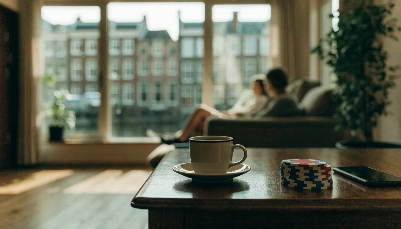 Nederlandse woonkamer met casino fiches en koffie