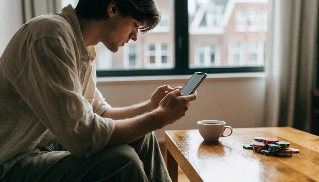 Persoon met smartphone en pokerfiches in een modern Nederlands interieur