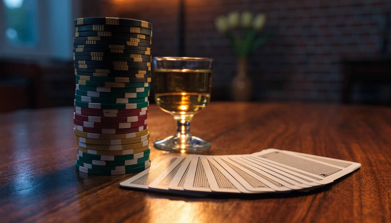 Stapel casinofiches en kaarten op een houten tafel in een sfeervol Nederlandse kamer met warme verlichting