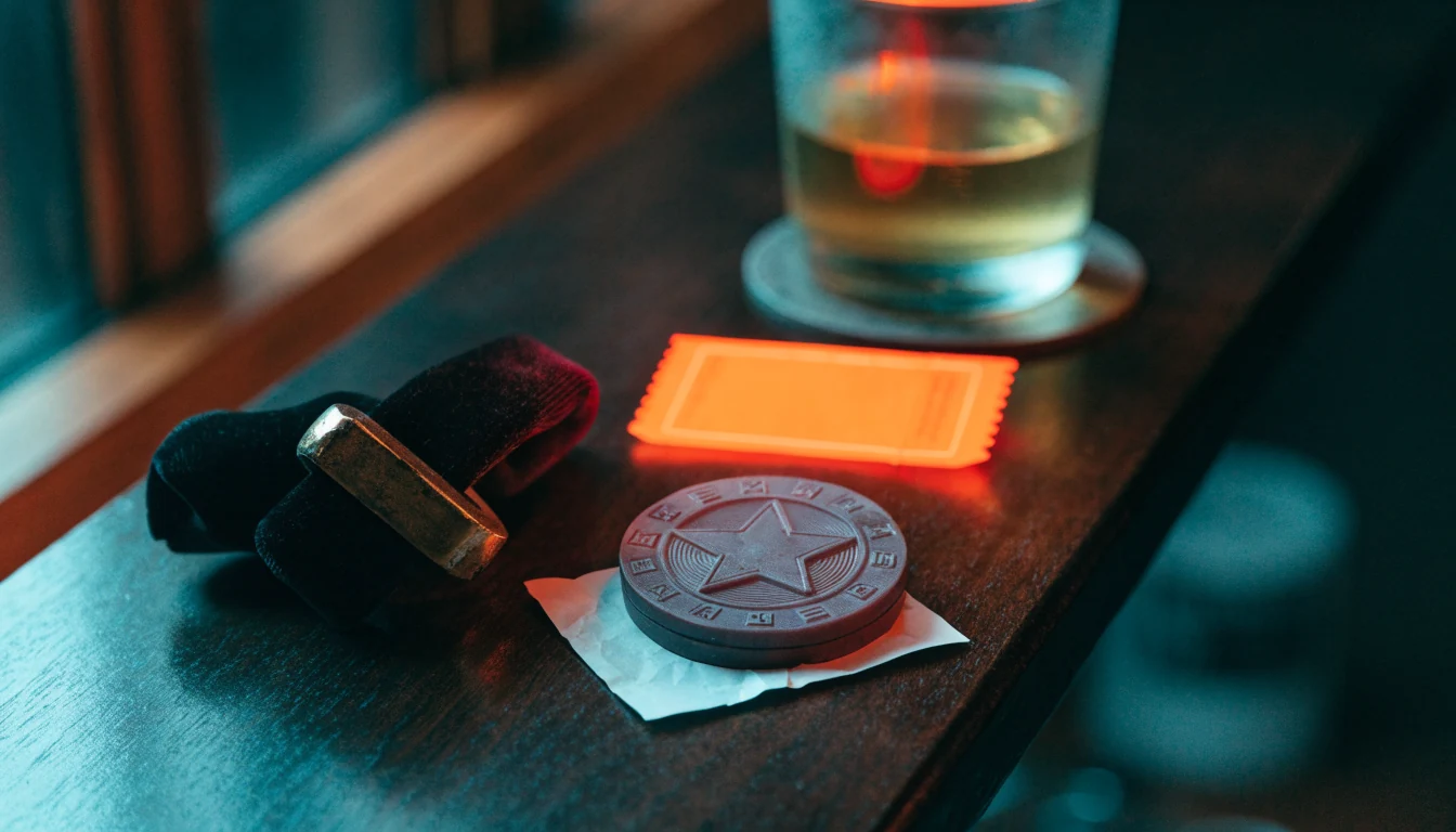 Casinochip en gele coupon op donker houten bureau