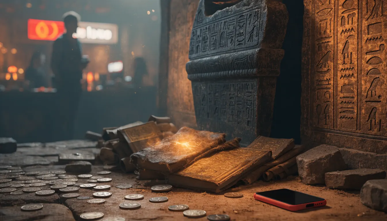 Egyptisch tempeldecor met gouden muntstukken en een oud boek naast een telefoon