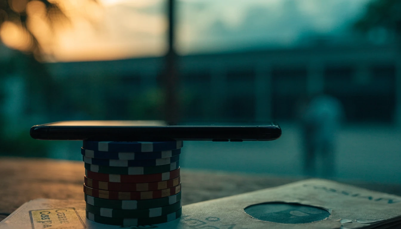 Casino-chip, paspoort met Costa Rica-stempel en een telefoon met verborgen scherm op tafel