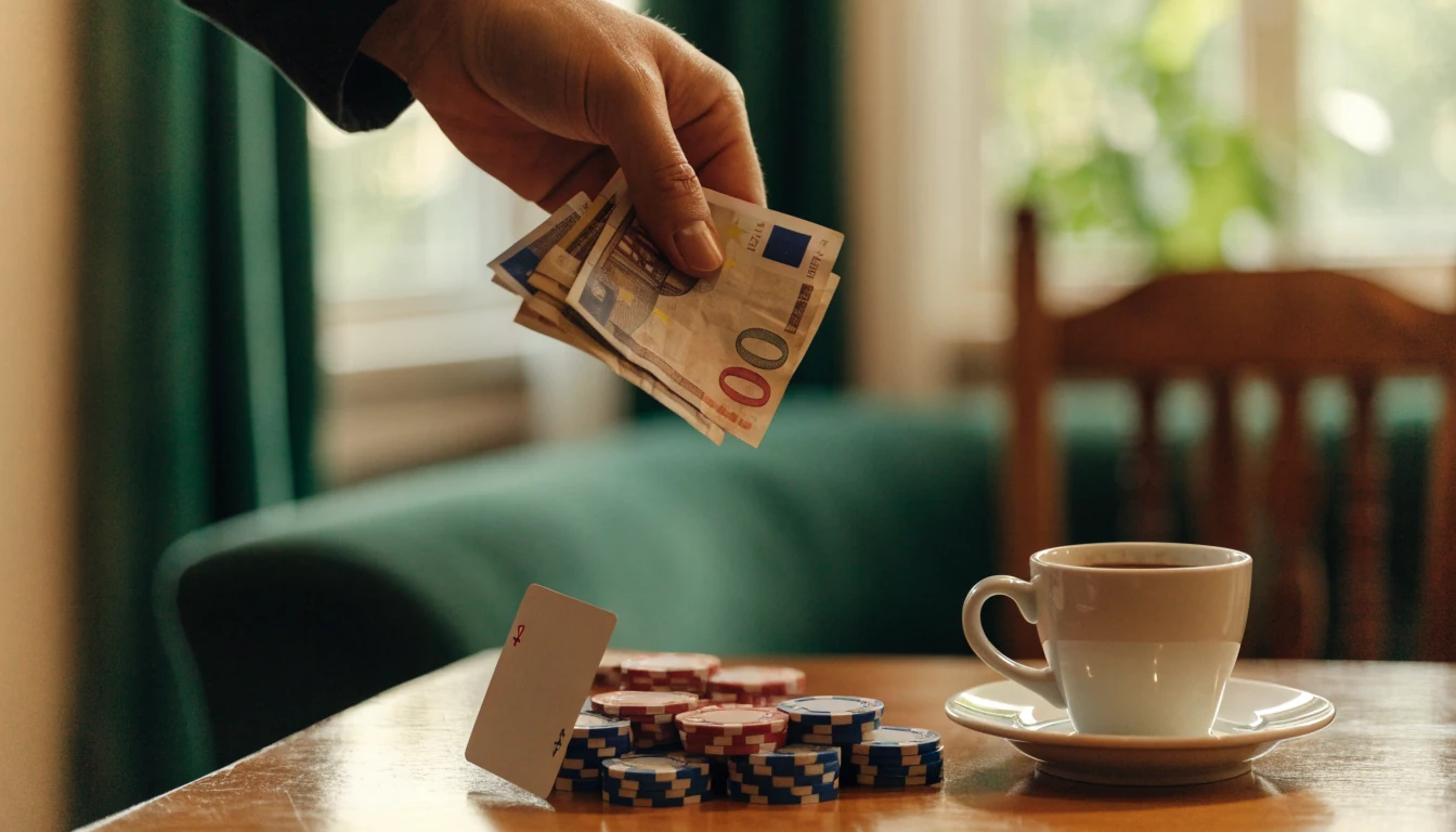 Hand met een tientje boven casinofiches op een tafel