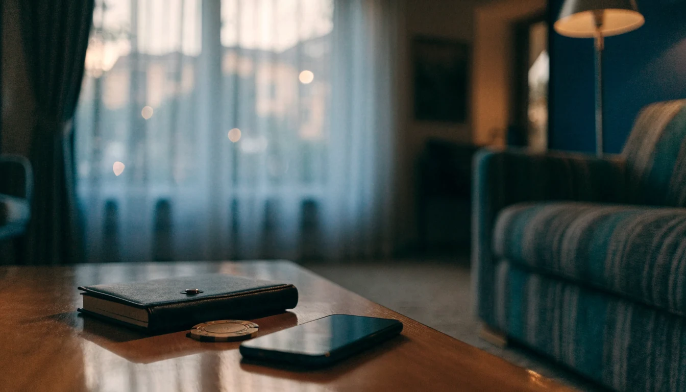 Sfeervolle woonkamer met gouden fiche en dichtgeklapte telefoon op tafel