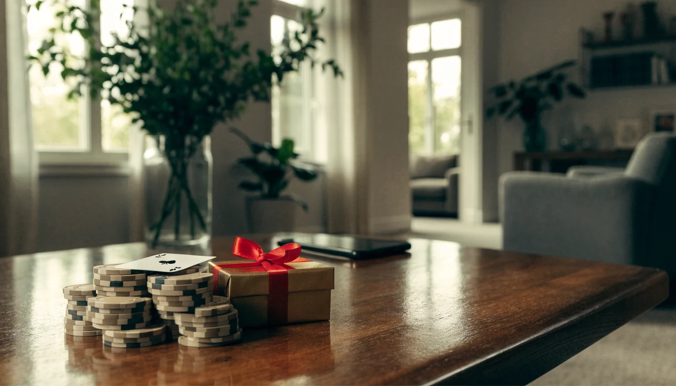 Casinospelerschip en cadeau op tafel met smartphone