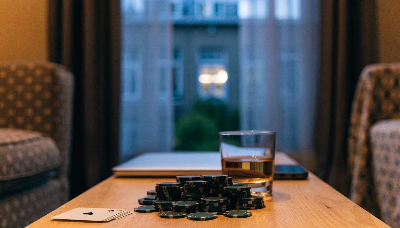 Casino chips en speelkaart op een tafel met gesloten laptop