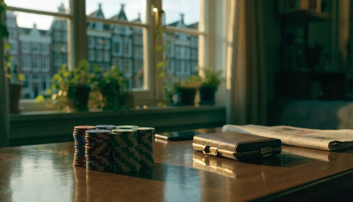 Stapel casinofiches en gesloten kaartendoosje op een houten tafel met zicht op Amsterdamse grachtenpanden