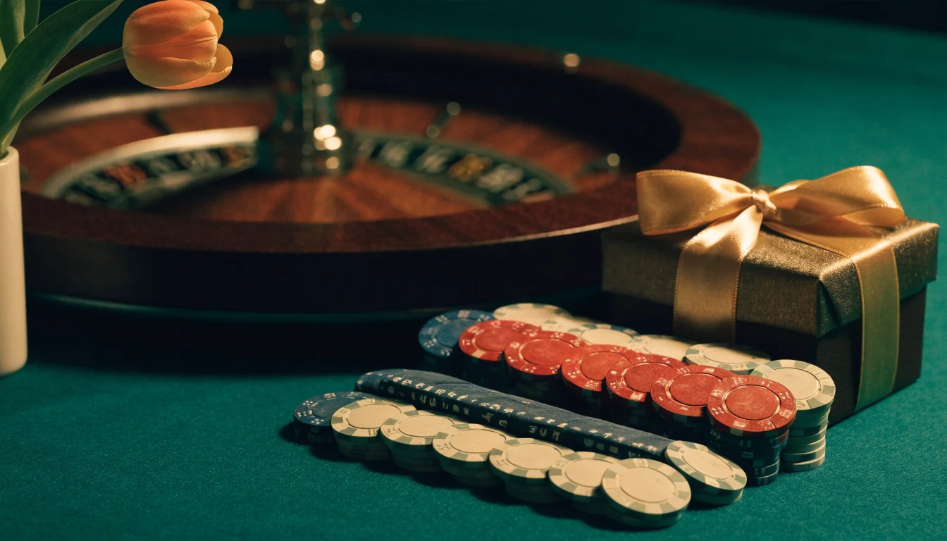 Stapel casinofiches en roulettewiel op groene vilttafel met een cadeaudoos als bonus-symbool