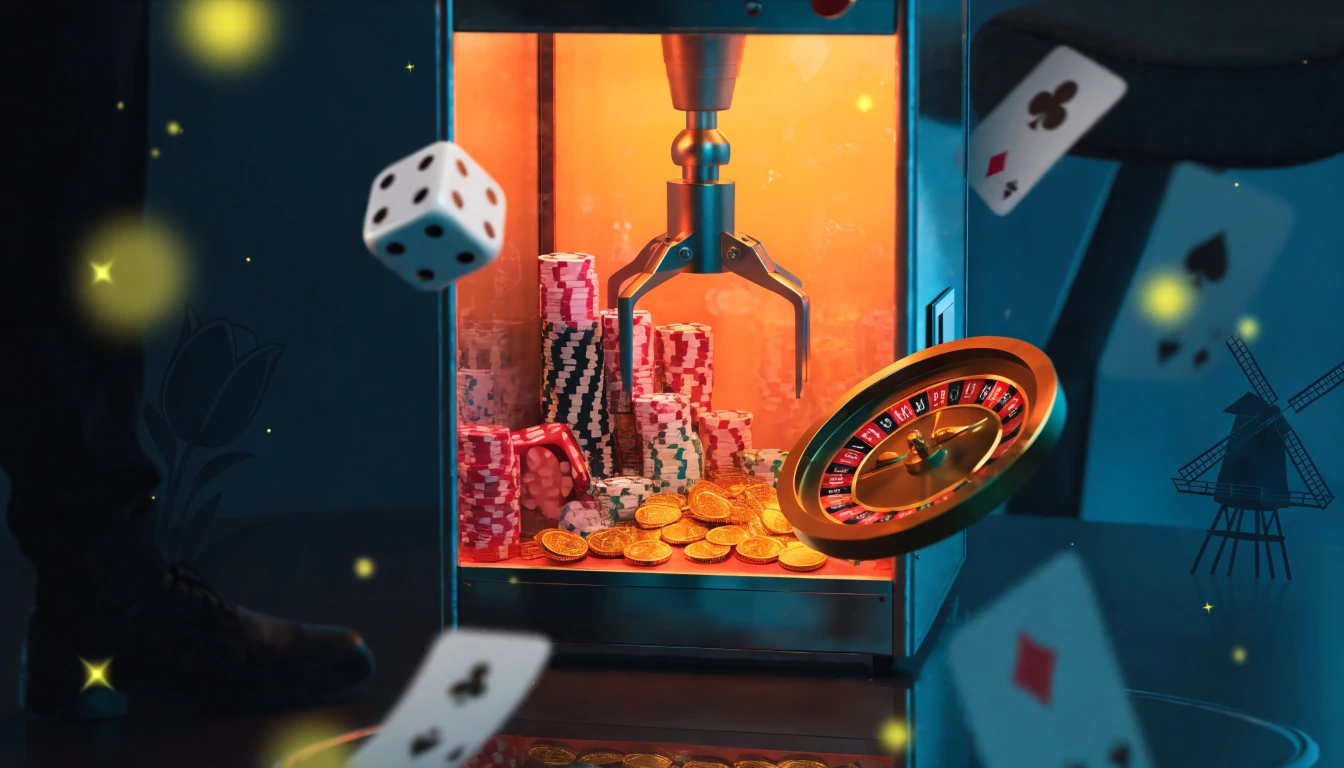 Gloeiende grijpmachine met casinofiches, dobbelstenen en gouden munten in Nederlandse sfeer