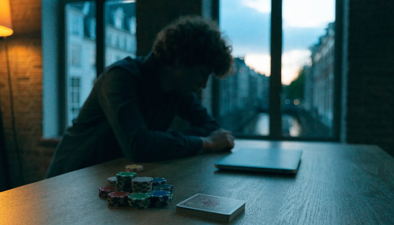 Persoon aan tafel bij raam met casinofiches, kaarten en gesloten laptop