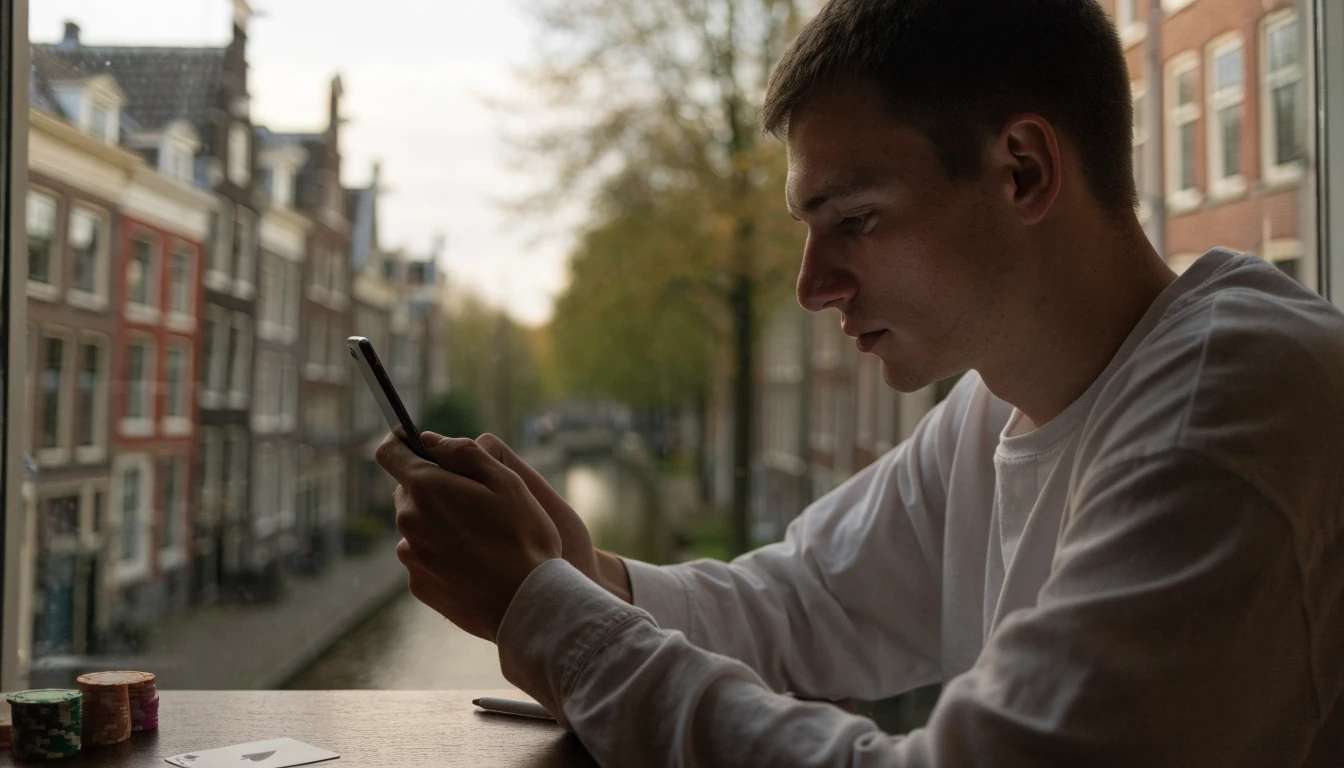 Nederlandse man aan bureau met afgekeerde smartphone, pokerchips en grachtenpanden door het raam