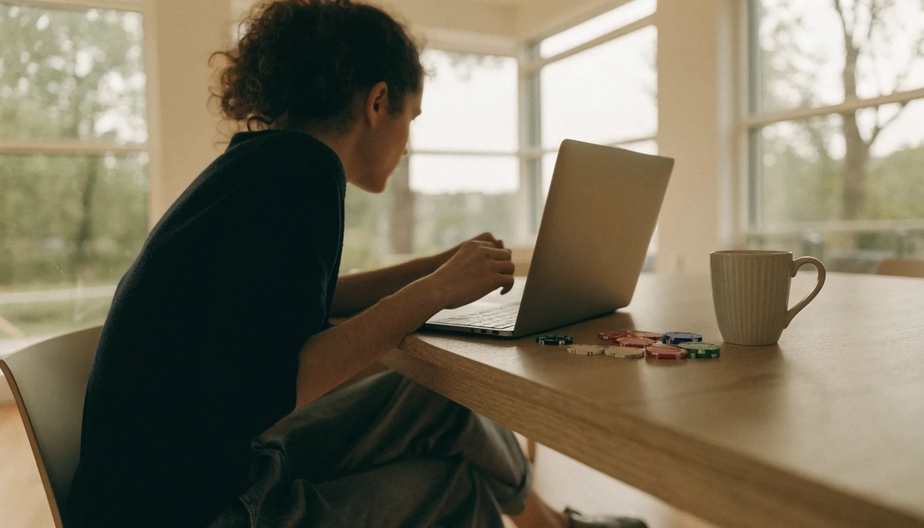 Persoon aan tafel met laptop en casinofiches in een lichte Nederlandse woning