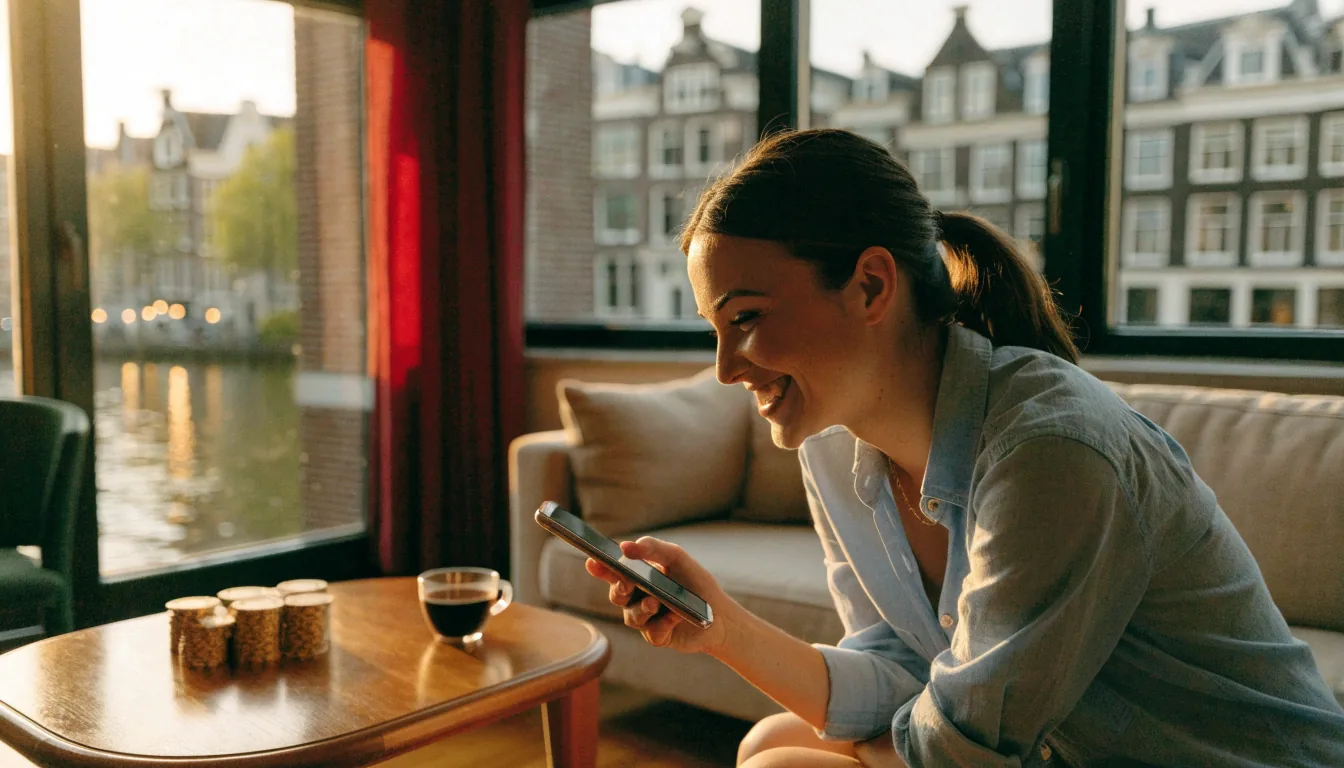 Glanzende casino fiches en smartphone op een salontafel in een knus Nederlands interieur.