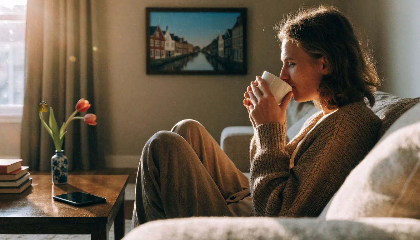 Sfeervol Nederlands interieur met speler, koffie en beveiligingsicoon boven smartphone