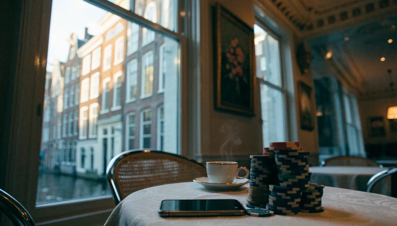 Nederlandse kamer met casinofiches en telefoon op tafel