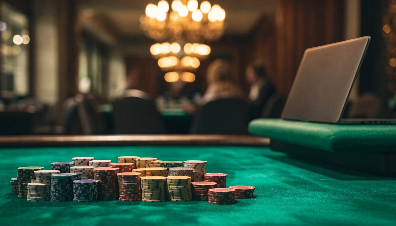 Elegante casino toernooitafel met chips en gesloten laptop