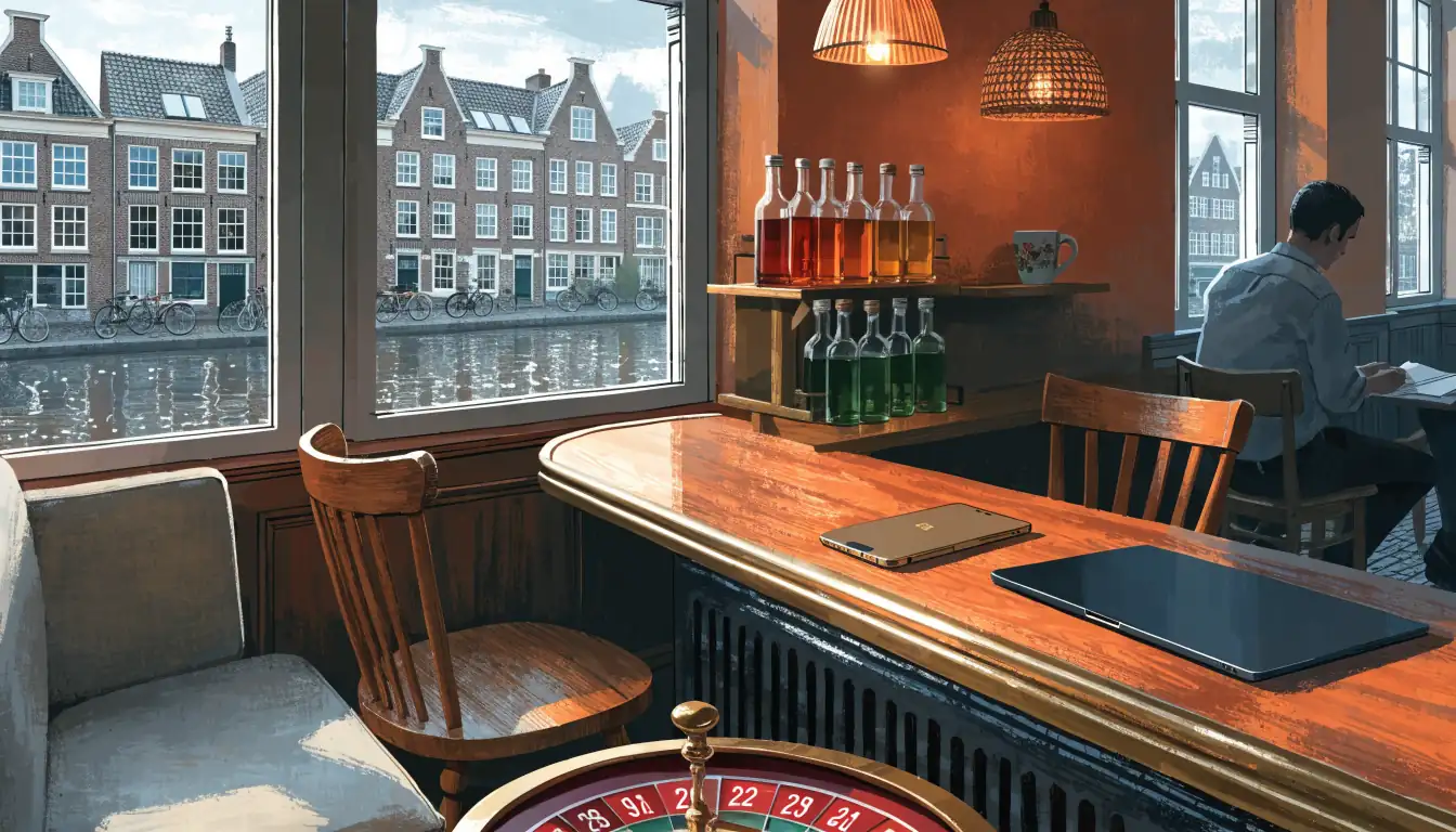 Modern Nederlandse speelhal interieur met smartphone, casinochips en grachtzicht door het raam