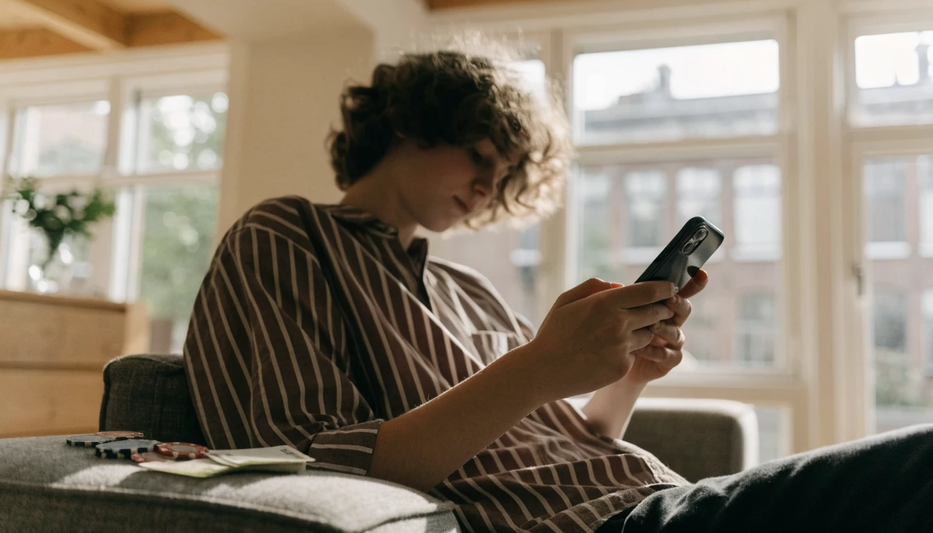 Nederlandse speler op de bank met telefoon en euro's na een snelle uitbetaling