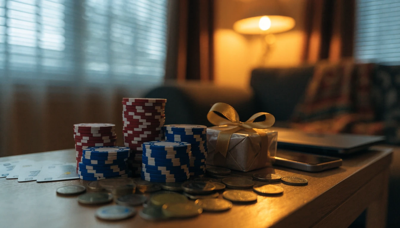 Stapel casinofiches, speelkaarten, euromunten en cadeau op tafel