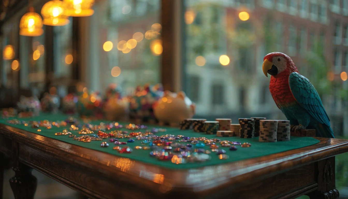 Sfeervolle casinotafel met edelstenen, speelchips en een kleurrijke papegaai in Amsterdamse setting