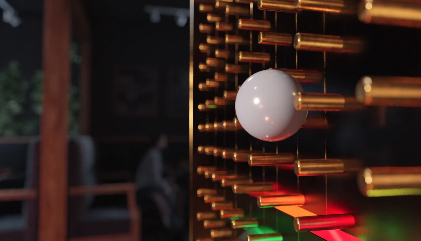 Glanzende bal valt door pinnen op een Plinko-bord met gekleurde multipliervakken eronder.