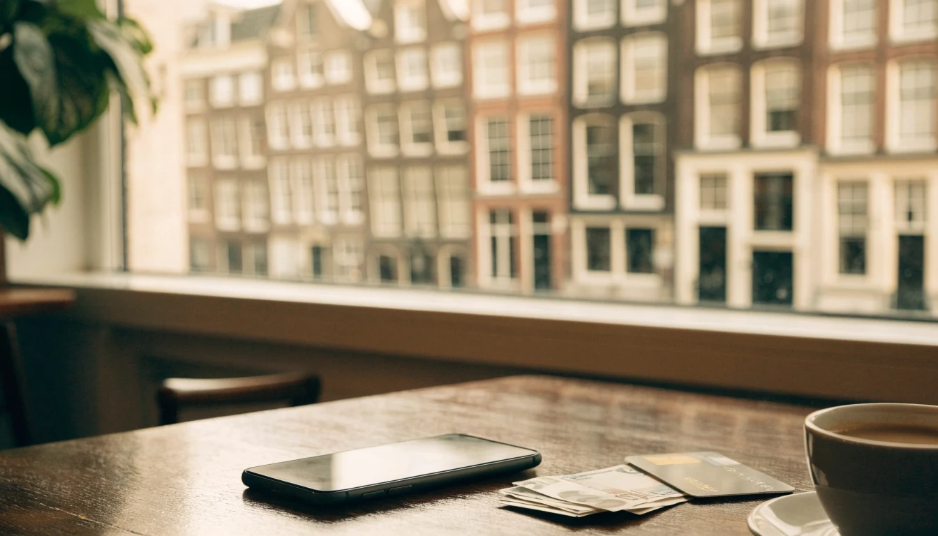 Nederlandse tafel met euro's, telefoon en koffie