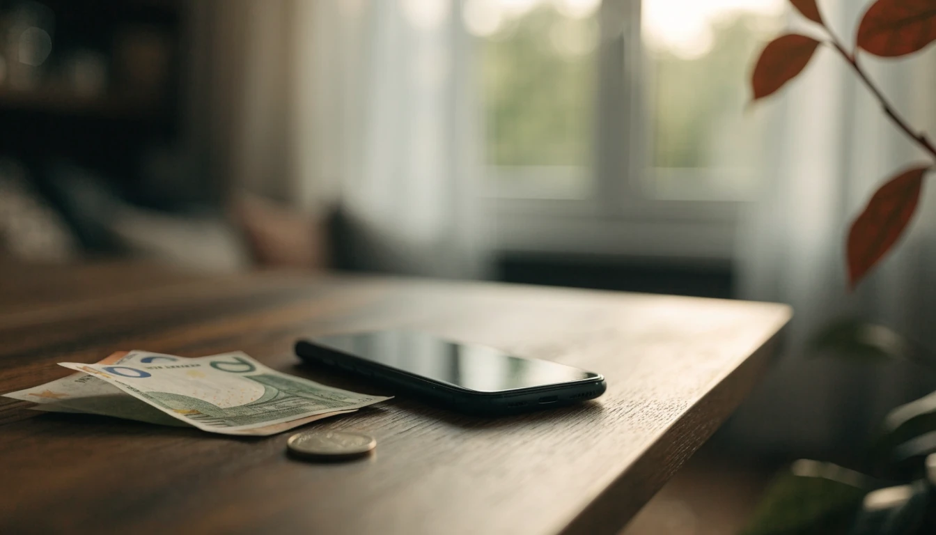 Smartphone op tafel met eurobankbiljetten en munt, symbool voor snelle uitbetaling.