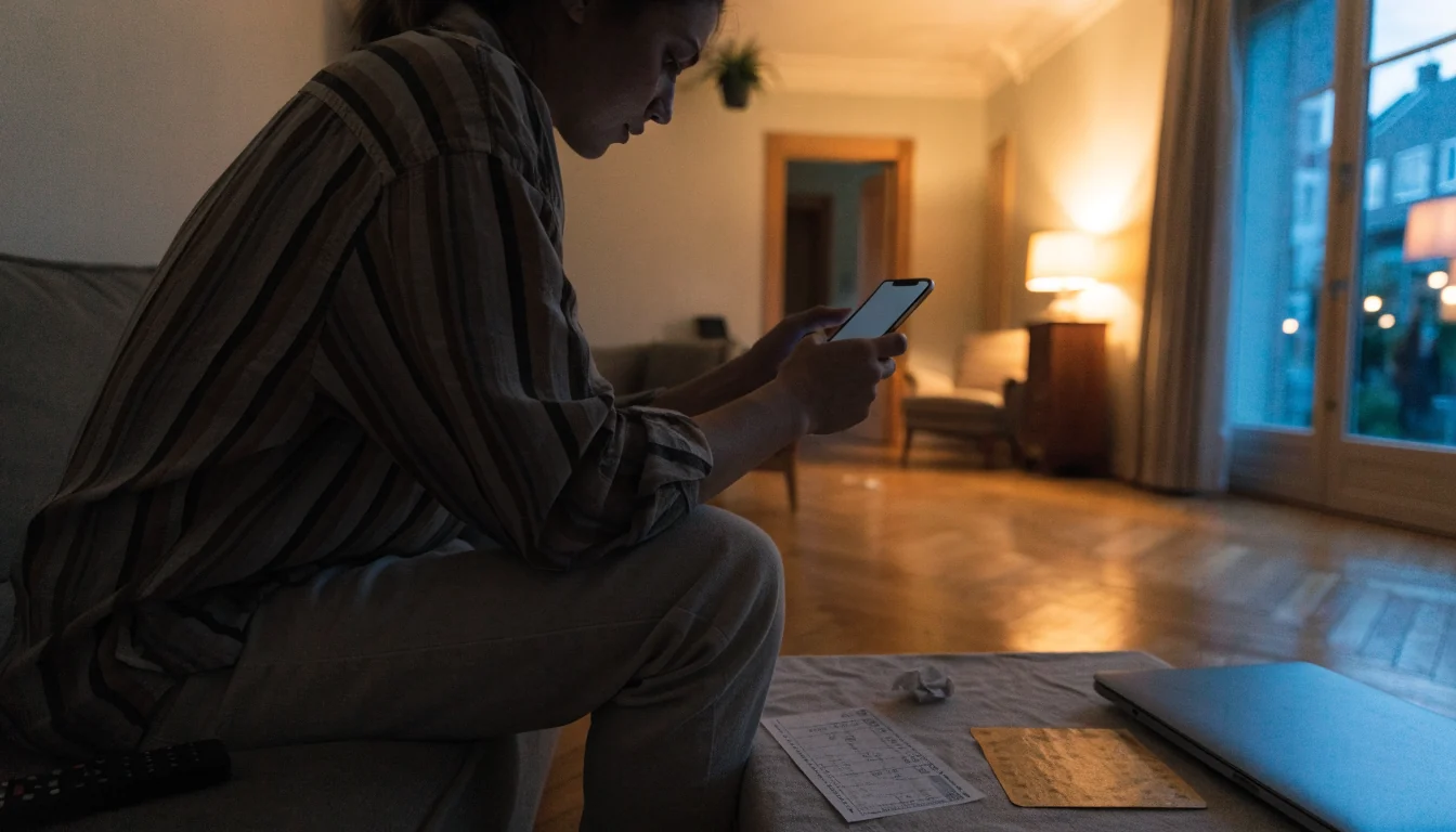 Persoon in Nederlandse woonkamer scrolt op telefoon naast krasloten