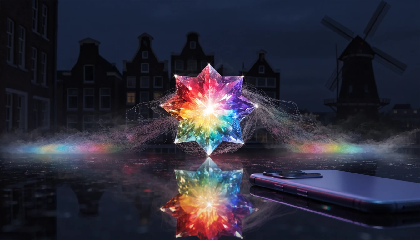 Glanzende Starburst-edelsteen boven Amsterdamse grachten bij nacht
