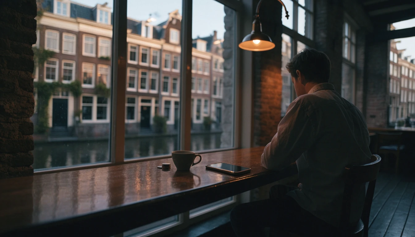 Persoon in bruin café met telefoon ondersteboven op tafel, waarschuwend sfeerbeeld
