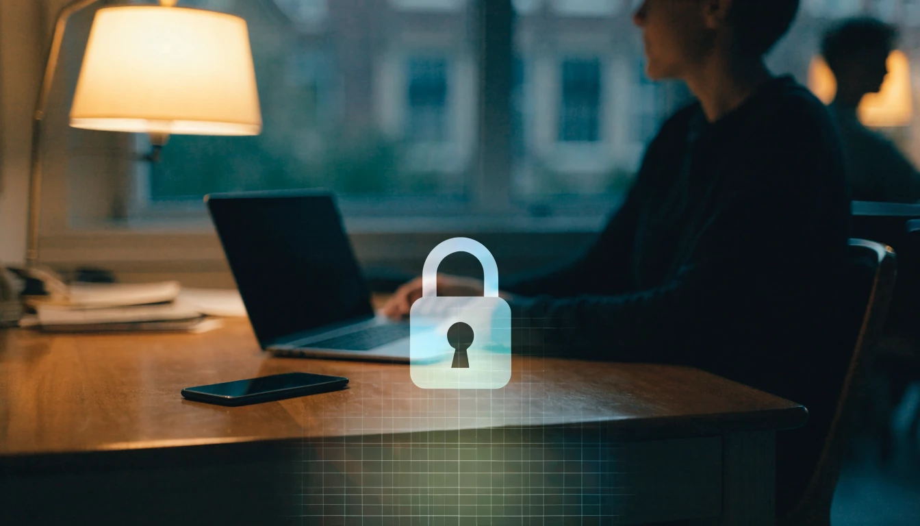 Persoon aan bureau met dichtgeklapte laptop en slot