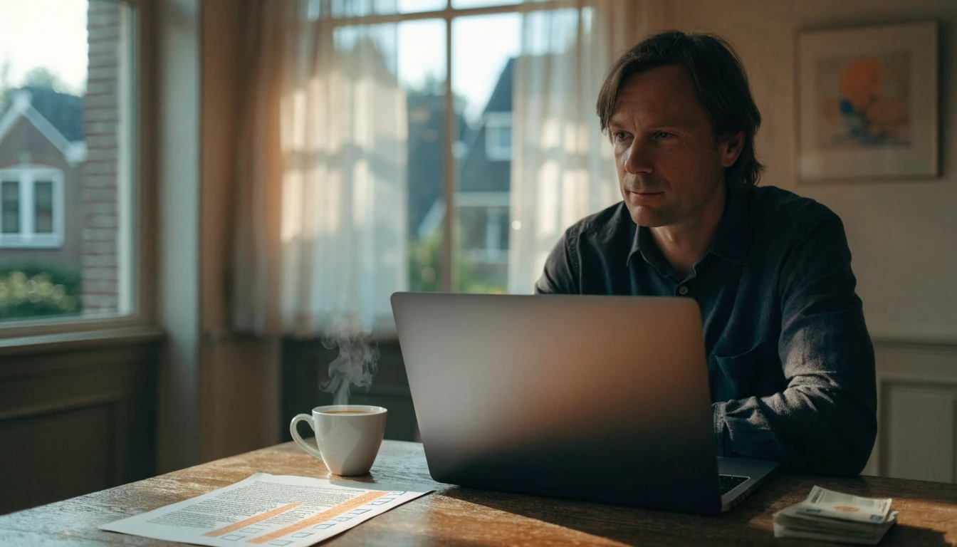 Nederlander aan tafel met koffie en gesloten laptop, verantwoord budgetteren
