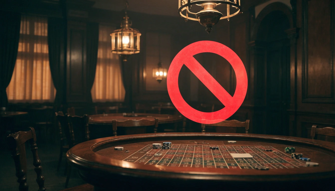 Roulettetafel met rode verbodsborden erboven in een Amsterdam casino